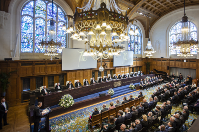 Judges and audience in the main hall of the Peace Palace