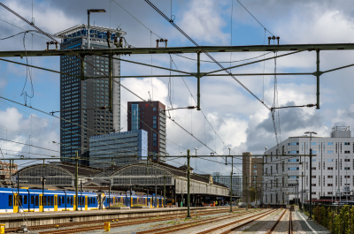 View of The Hague train station with modern architecture.