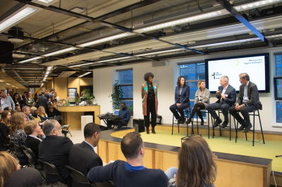a panel discussion at an event at The Hague Humanity Hub
