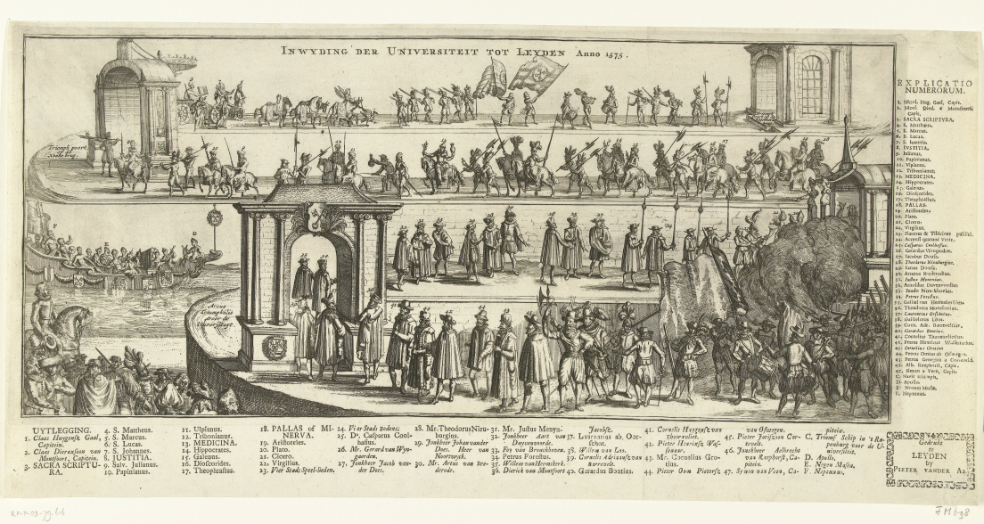 Historical illustration of the inauguration of Leiden University featuring figures and ceremonial scenes.