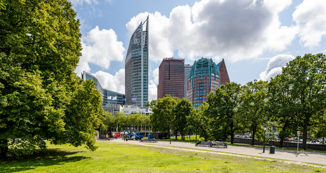 Image of the skyline of The Hague with a green park