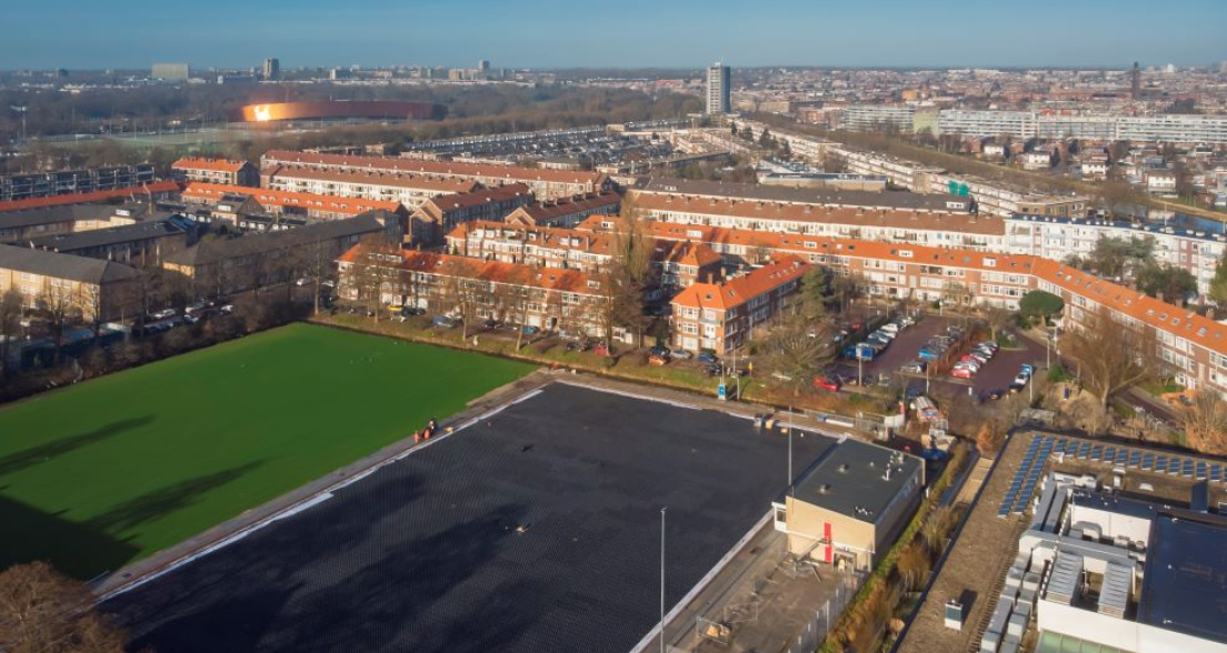 Water storage sport field De Ster Southwest view from the air small