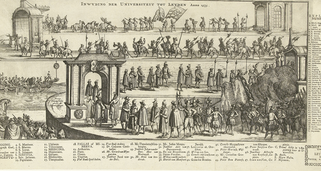 Historical image of the inauguration of the University of Leiden featuring a parade and various figures.