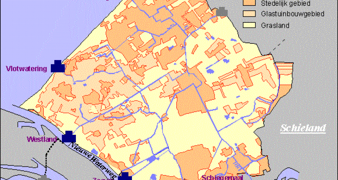Map of greater The Hague area showing city sections and waterways of Hoogheemraadschap Delfland / waterboard Delfland responsible for the wastewater in The Hague