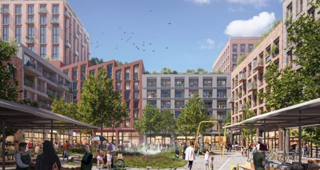 View of the redevelopment of the MegaStores from the future Laakhaven Centraal park.