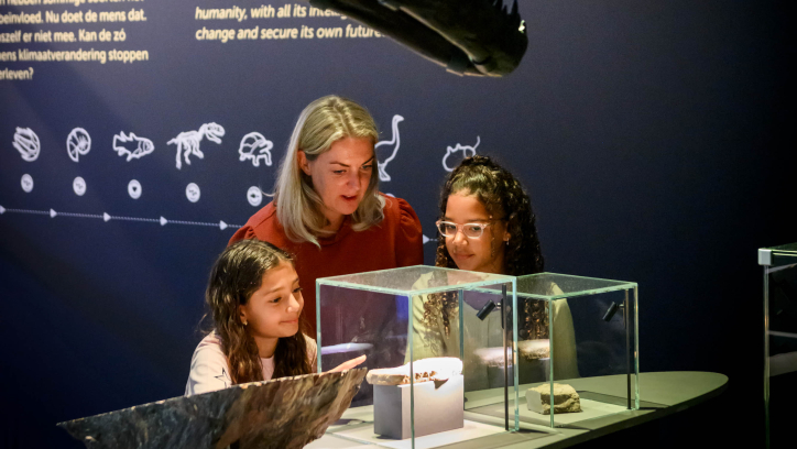 Twee kinderen en een volwassene bekijken een dinosauruskop in een museum.