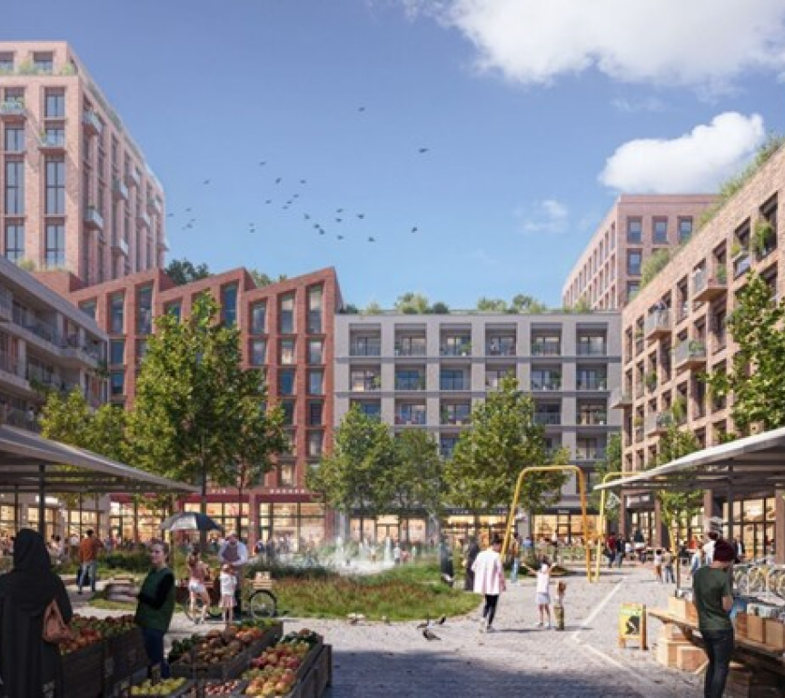 Zicht op de herontwikkeling van de MegaStores vanaf het toekomstige park Laakhaven Centraal.