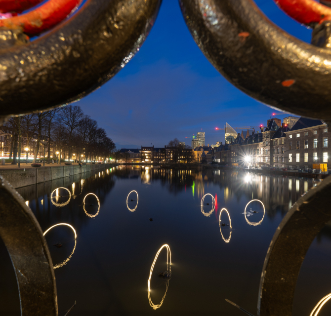The Hofvijver in The Hague with light circles and reflections