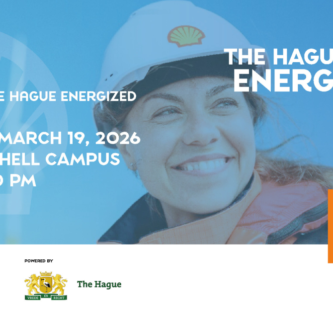 A woman in a safety vest smiles at the camera, invitation for event in The Hague.