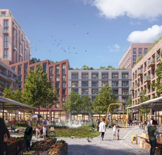 Zicht op de herontwikkeling van de MegaStores vanaf het toekomstige park Laakhaven Centraal.