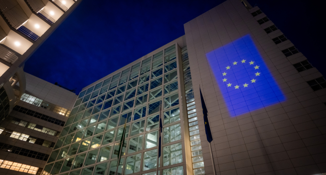 Town Hall The Hague with EU sign by night - Martijn Beekman fotography 8 May 2025.