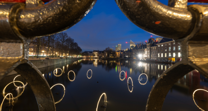 The Hofvijver in The Hague with light circles and reflections