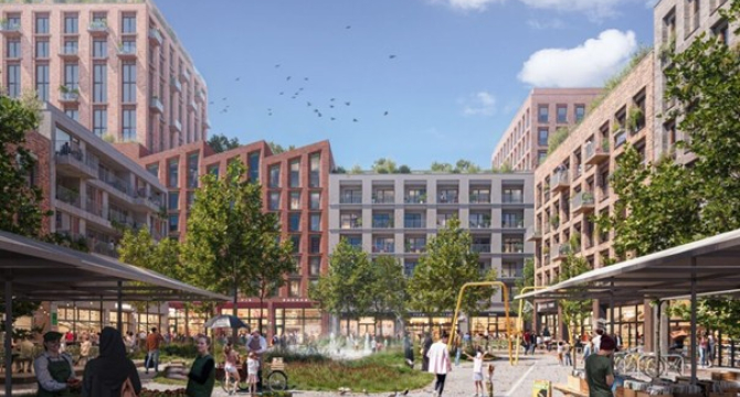 Zicht op de herontwikkeling van de MegaStores vanaf het toekomstige park Laakhaven Centraal.