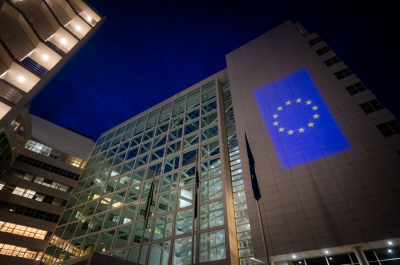 Town Hall The Hague with EU sign by night - Martijn Beekman fotography 8 May 2025.