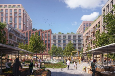 Zicht op de herontwikkeling van de MegaStores vanaf het toekomstige park Laakhaven Centraal.