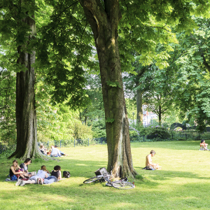 Paleistuin achter Paleis Noordeinde waar mensen ontspannen in het gras. 